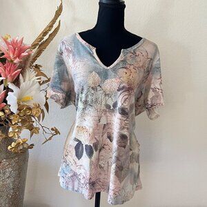 Y2K Pastel Watercolor Floral Scenic Print W Rhinestones 2x
